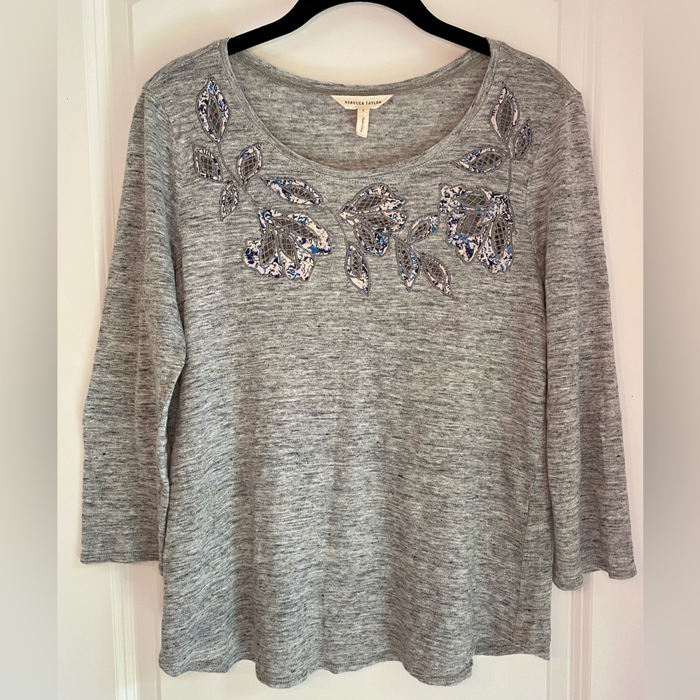 Rebecca Taylor Embroidered 3/4 Sleeve Linen Blouse Grey Size L